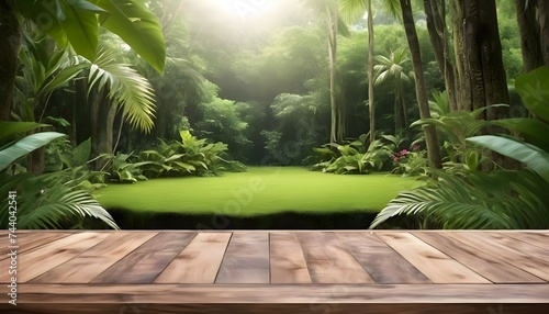 Photo 3d wooden table with a tropical forest or garden background for product placement