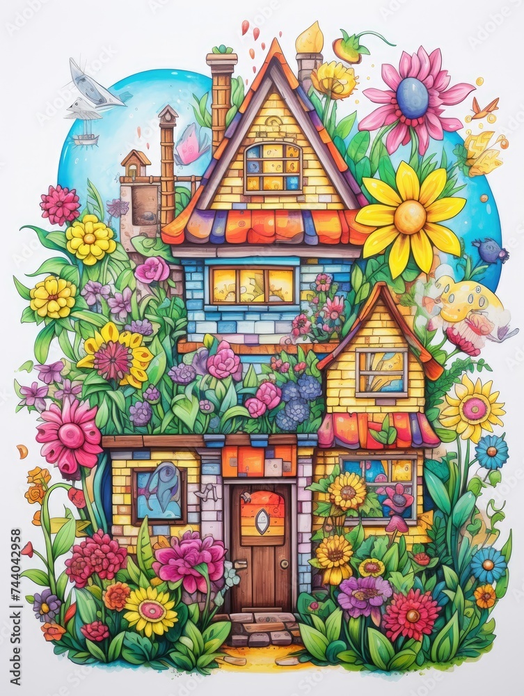 Naklejka premium A detailed drawing of a house standing amidst a colorful array of blooming flowers, creating a lively and vibrant scene.