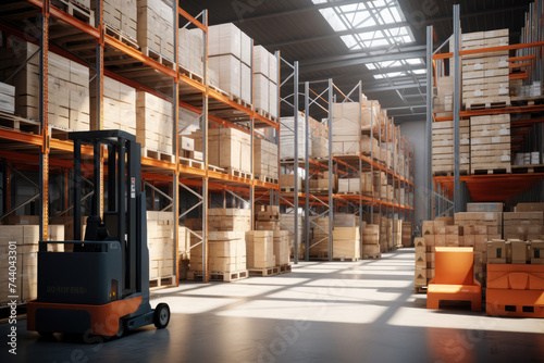 generated illustration of forklift works in a warehouse. © seanzheng