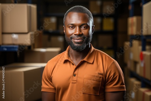 Happy delivery man in the uniform in the warehouse