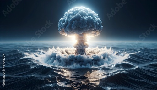 Capturing the moment a nuclear bomb detonates beneath the ocean's surface, showcasing the raw power of the detonation. AI Generated photo