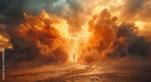 As the fiery explosion illuminated the sky, a lone figure walked along the serene beach, surrounded by billowing smoke and the scorching heat of the sun