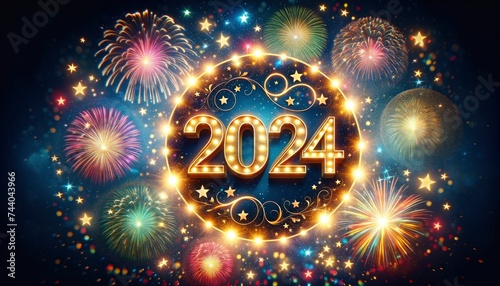 A vibrant New Year celebration with the number 2024 in glowing lights and colorful fireworks in the sky. AI Generated