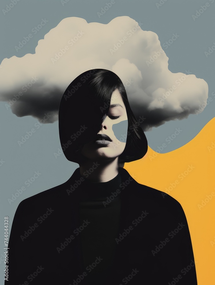 Fototapeta premium A woman stands with a cloud hovering above her head, portraying a sense of gloom or sadness in a symbolic manner.