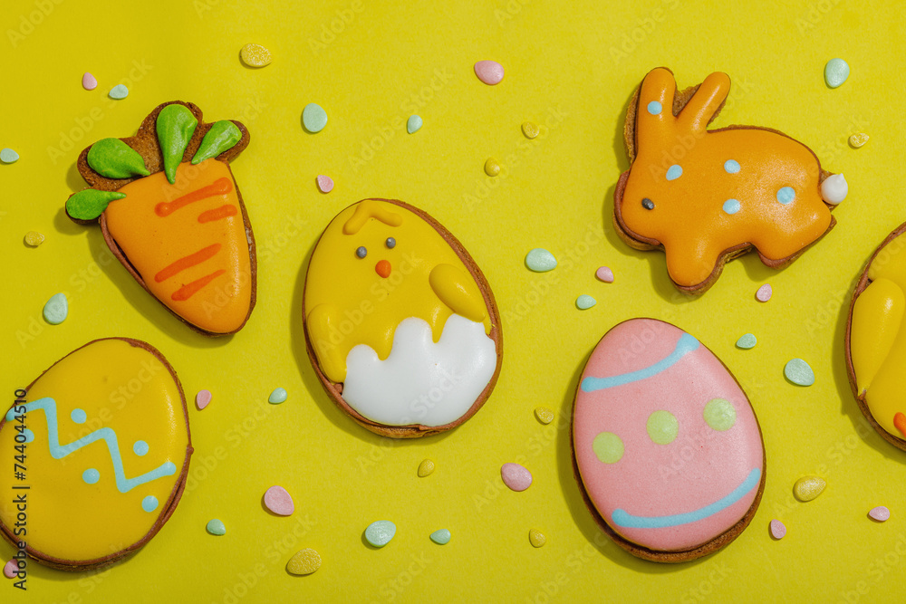 Traditional Happy Easter cookies, festive edible decor. Homemade baking concept, cute sweets Traditional Happy Easter cookies, festive edible decor. Homemade baking concept, cute sweets
