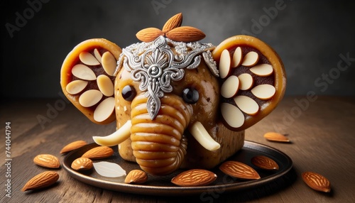 A traditional Diwali sweet resembling an elephant's head, made of rich khoya and adorned with almond slices and raisins. AI Generative. photo