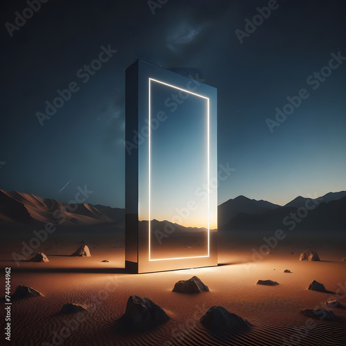 mirror monolith standing in the desert night moon sky, rectangle shape mirror desert, light blue and pink sky, square glass reflection mirror light, 3d rendered surreal, digital art, photorealistic