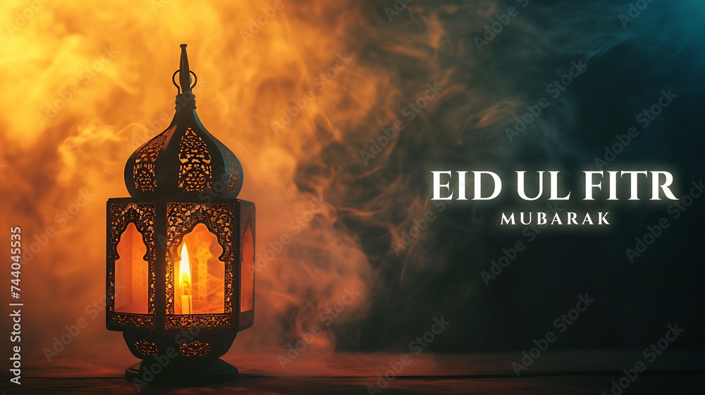 Happy Eid ul fitr background Ornamental Arabic lantern glowing - Eid Mubarak