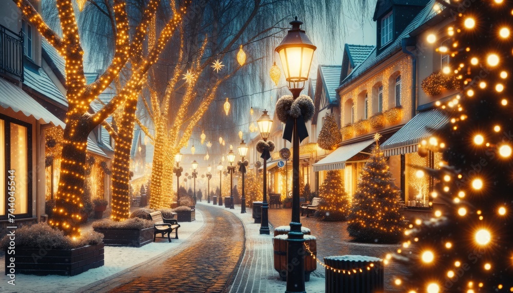 A winter street scene with lamp posts and trees wrapped in golden fairy lights, creating a magical ambiance. AI Generated