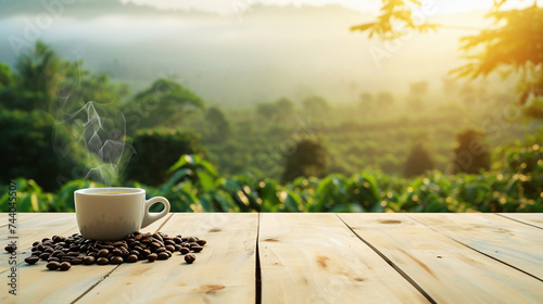 Coffee on wooden table with morning background photo