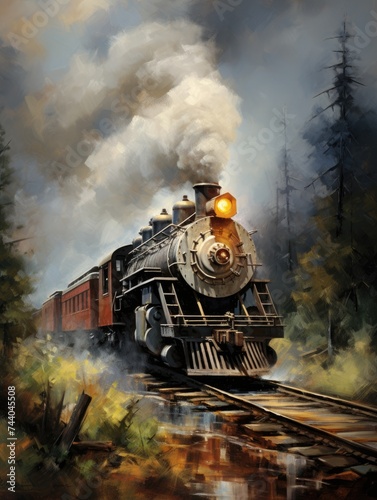 A painting depicting a train chugging through a lush green forest, surrounded by tall trees and thick foliage, capturing the motion and power of the locomotive.