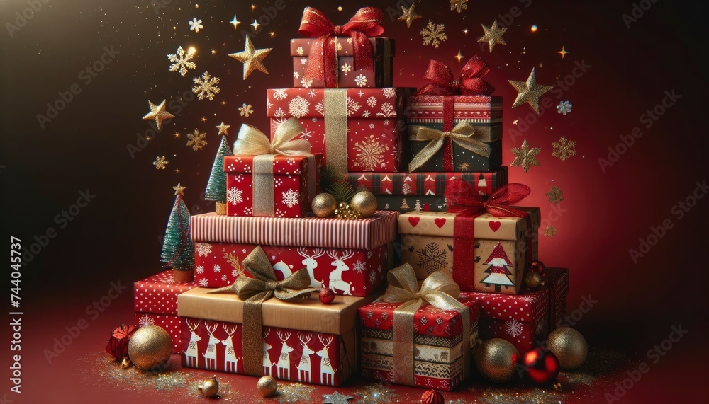 A stack of assorted Christmas gifts wrapped in various festive papers. Each gift is tied with shimmering ribbons, and the scene is enhanced with golden stars and snowflakes. AI Generated