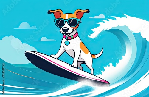 Funny jack russel puppy riding big waves on surf desk, perfect for travel ads, surfing gear promotions . © Julija AI