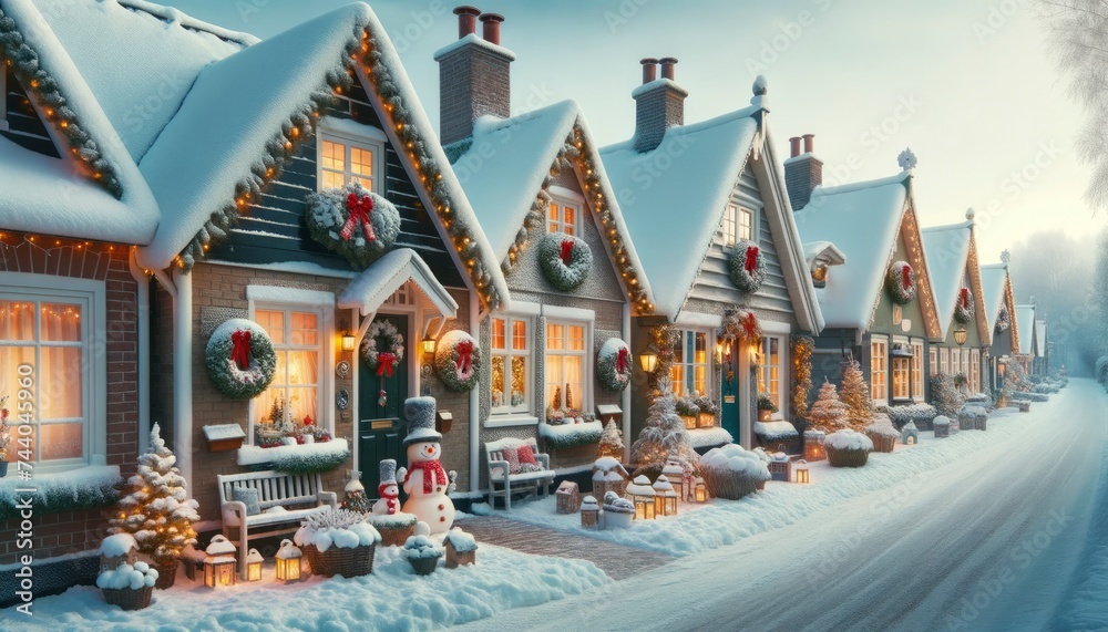 A snowy village street lined with quaint cottages. Each house is beautifully adorned with wreaths, fairy lights, and snowmen, creating a picturesque Christmas scene. AI Generated