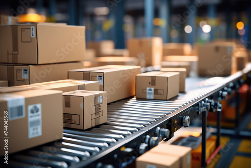 generated illustration of cardboard boxes sitting on a conveyor line at a production facility,