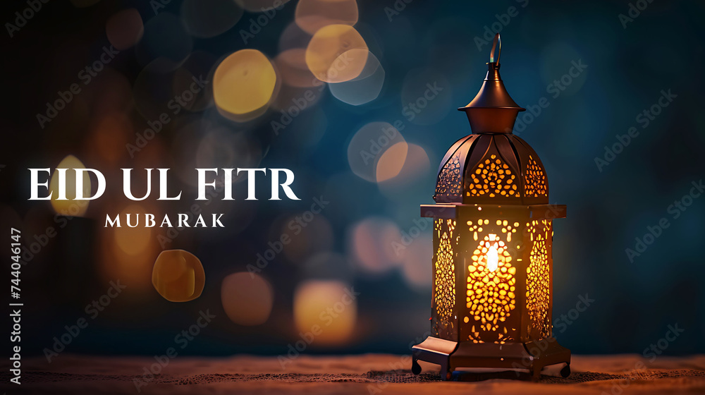 Happy Eid ul fitr background Ornamental Arabic lantern glowing - Eid Mubarak - obrazy, fototapety, plakaty 