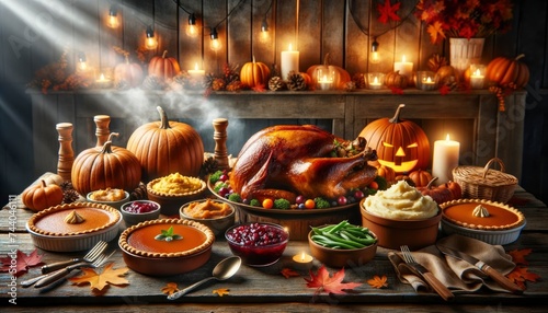 A rustic wooden table is laden with festive dishes such as a golden roasted turkey, cranberry sauce, mashed potatoes, green bean casserole, and pumpkin pie. AI Generative. photo