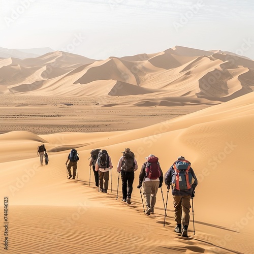 A group of hikers trekking across a vast and otherworldly desert  with towering sand dunes and an enigmatic oasis in the distance  marking the midpoint of their challenging expedition.