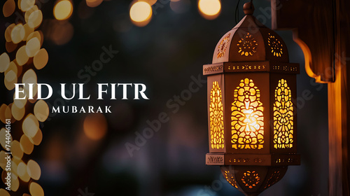 Happy Eid ul fitr background Ornamental Arabic lantern glowing - Eid Mubarak
