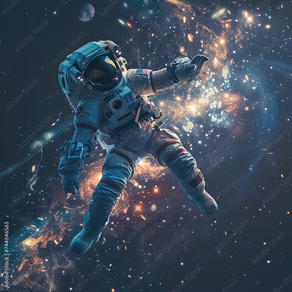 Fototapeta premium An astronaut floating between two celestial bodies, midway through a journey across the cosmos, with stars and galaxies stretching infinitely in the background.