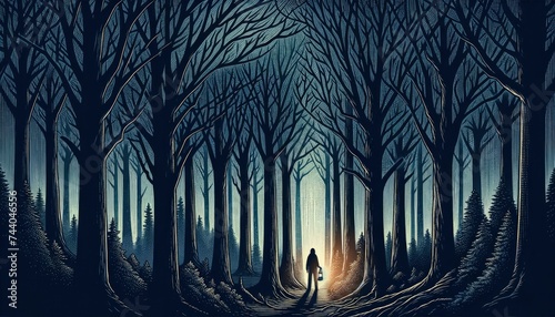 An artwork portraying a dense forest during twilight, with a lone individual holding a faintly glowing lantern, symbolizing the struggle to navigate through the darkness of depression. AI Generated