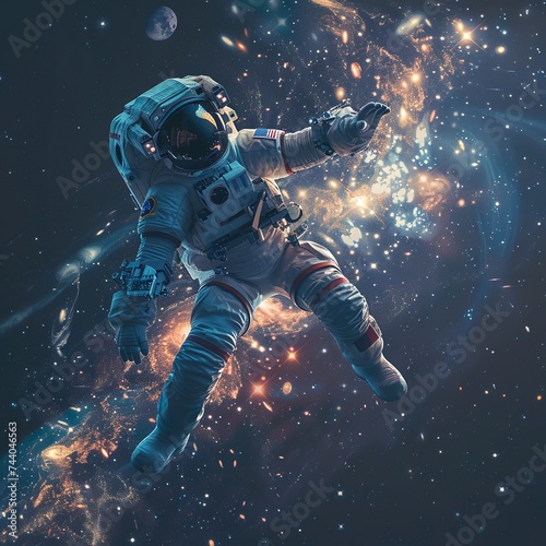 An astronaut floating between two celestial bodies, midway through a journey across the cosmos, with stars and galaxies stretching infinitely in the background.