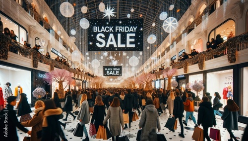 A shopping mall with shoppers carrying bags marked 'SALE'. The mall is decorated with lights and banners announcing the "Black Friday Sale." AI Generative. © Interior Design