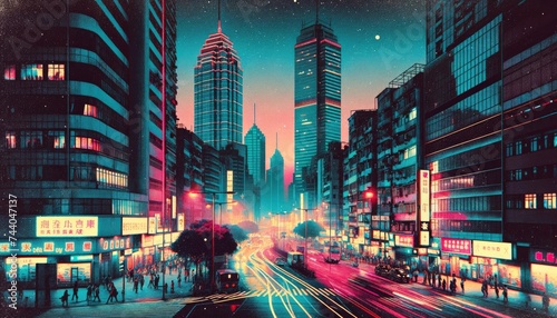 A bustling cityscape during twilight, capturing the retro and artistic essence of risograph printing. AI Generated