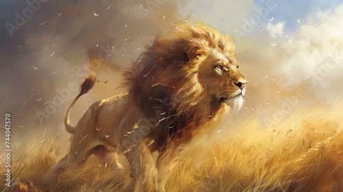 Majestic lion roams the savannah with regal grace.