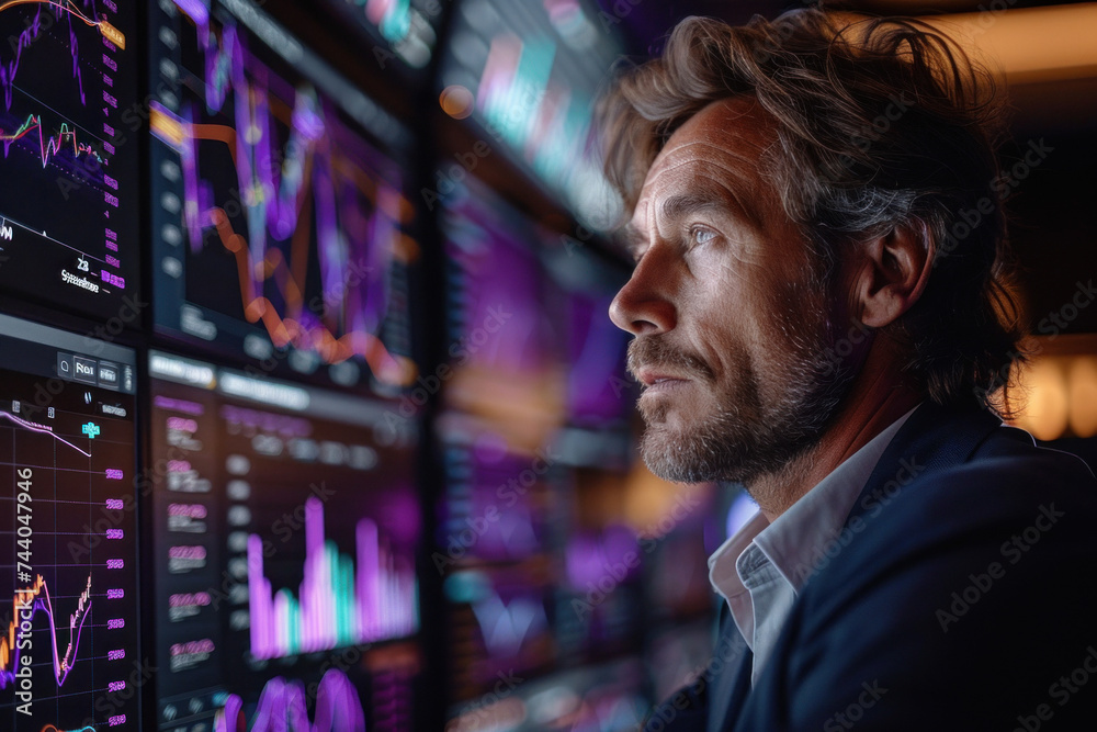 Caucasian man trader in suit on the background of huge monitors with charts. Caucasian man trader in suit on the background of huge monitors with charts.