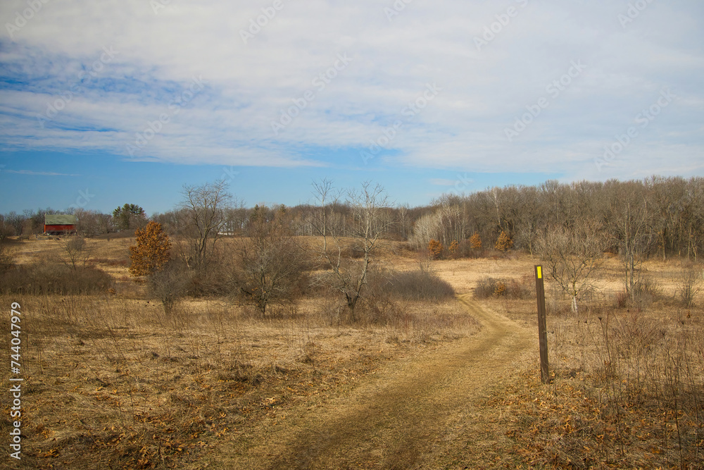Landscape of an unusually warm and snow-less February day along the Brooklyn Wildlife Segment of the Ice Age Trail near Belleville, Wisconsin.