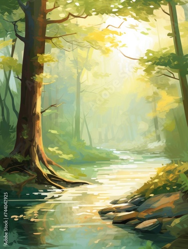A realistic painting depicting a river meandering through a lush green forest  with trees  foliage  and a clear blue sky in the background.