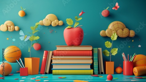 Creative 3D illustration of a back to school theme, a stack of books with an apple on top, school supplies around on a green school board background. 