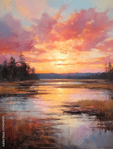 The painting depicts a vibrant sunset casting warm colors over a serene lake, creating a breathtaking reflection on the waters surface.