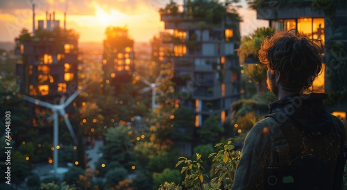 A solitary figure, cloaked in dark clothing, gazes out from a balcony at the vibrant city below, basking in the warm backlighting of the setting sun while the surrounding trees and plants sway gently