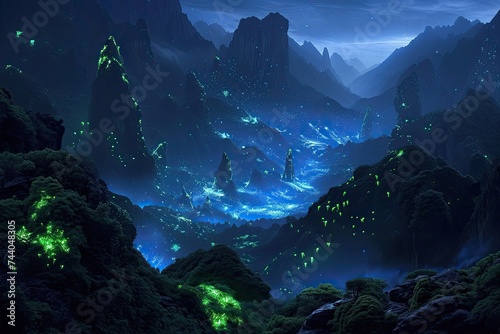 Mountainous landscape with caves lit by bio-luminescent fungi.