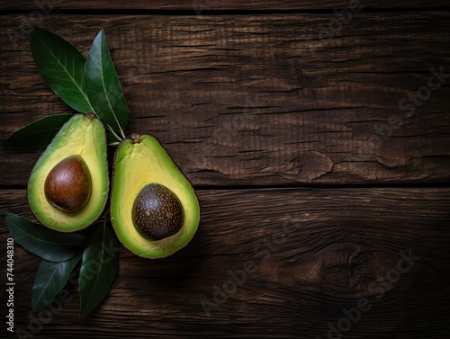 cut avocados on dark wooden table, top view, copy space