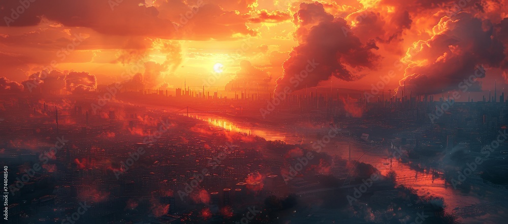 As the fiery sun sets behind the smoky city, the river reflects a nature's flare amidst the outdoor heat of a nearby volcano