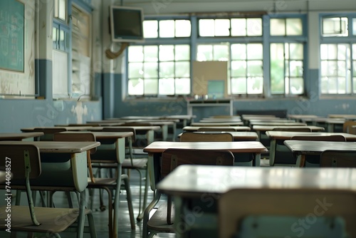 Empty Student Desks in a Classroom Setting. Concept Classroom Photography, Education Scene, Empty Desks, Back to School, School Supplies