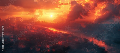 As the fiery sun sets behind the smoky city  the river reflects a nature s flare amidst the outdoor heat of a nearby volcano
