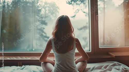 Back view of woman sitting on bed in relaxing before wide window, background of morning foggy forest, concept of calm and freedom photo
