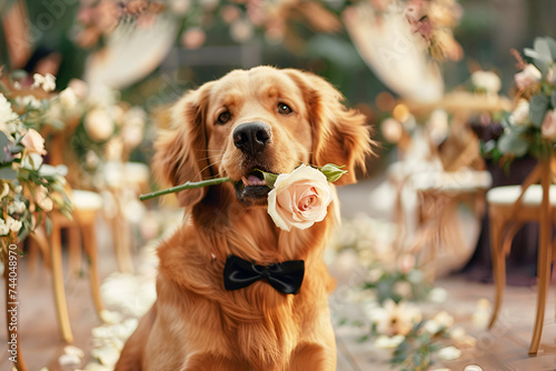 Dog of the Labrador breed with a black bow tie on his neck at a wedding ceremony sits and holds a bouquet of roses in his teeth, light background, natural daylight