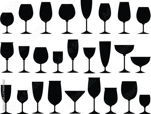 Wine glasses icons set simple symbol of bar, restaurant. isolated on transparent background. Various wine glass flat vector black silhouette collection for mobile concept and web design.