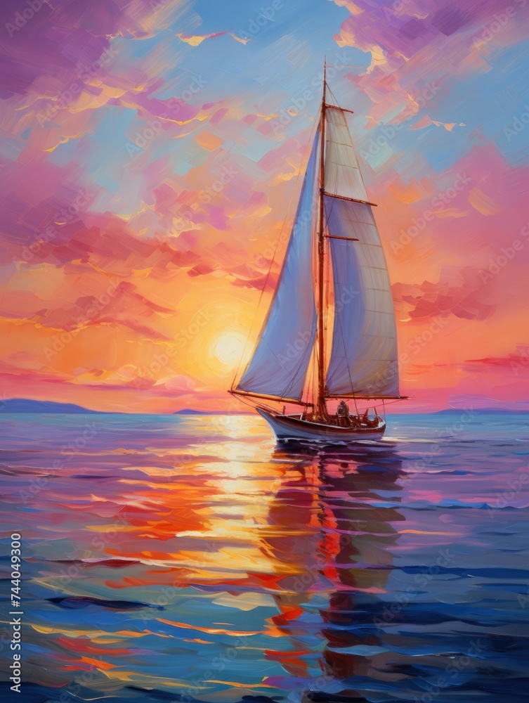 A painting depicting a sailboat sailing in the ocean during a sunset, with vibrant colors reflecting on the water and the sky.