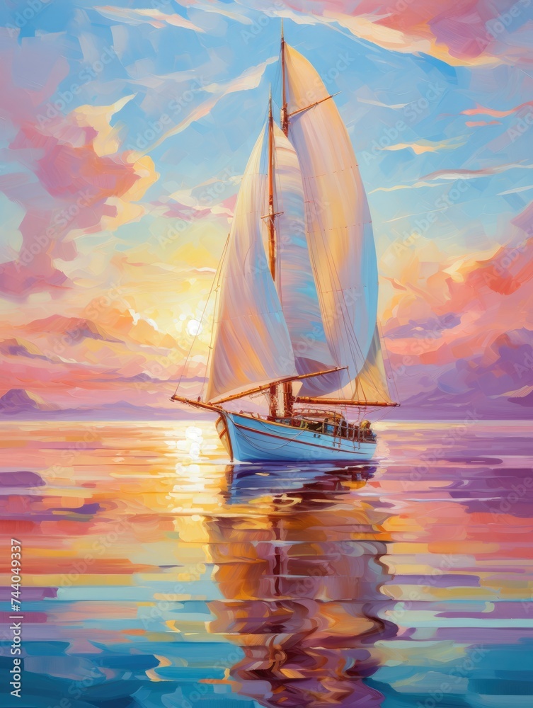 A painting depicting a sailboat moving gracefully across the vast ocean, with waves rolling and seagulls flying in the background.