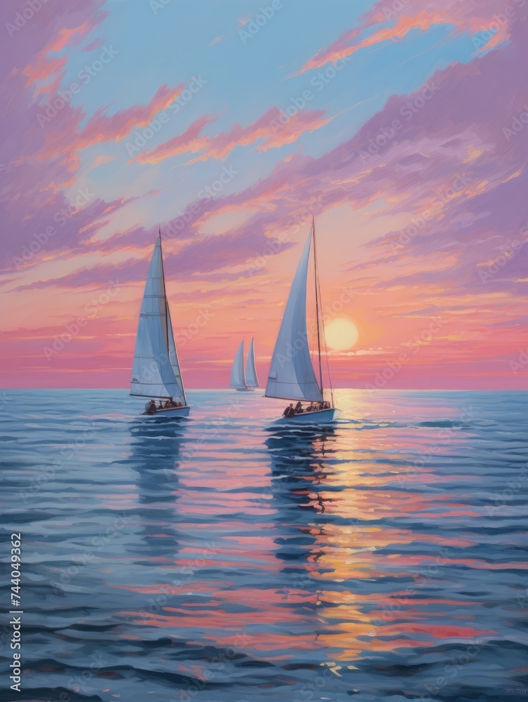 Fototapeta premium A painting depicting two sailboats sailing in the ocean as the sun sets, casting a warm glow over the water and the sky in shades of orange and red.