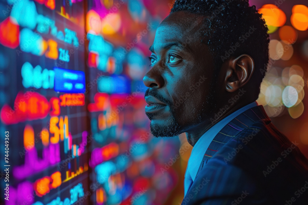 African man trader in suit on the background of huge monitors with charts.
