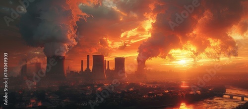 A fiery sunset sky fills with thick smoke and pollution as a massive industrial smokestack belches out heat and fire, creating a disastrous explosion that threatens the natural beauty of the outdoors photo