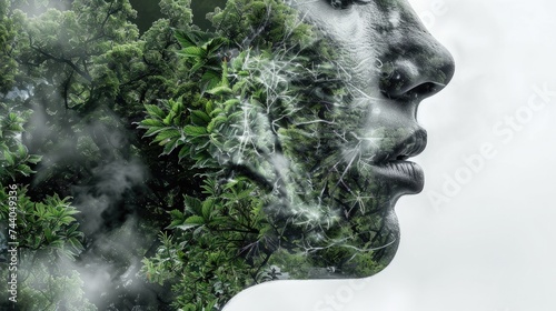 Environmental awareness. Double exposure of a woman's face with green leaves and clouds. © Faith Stock