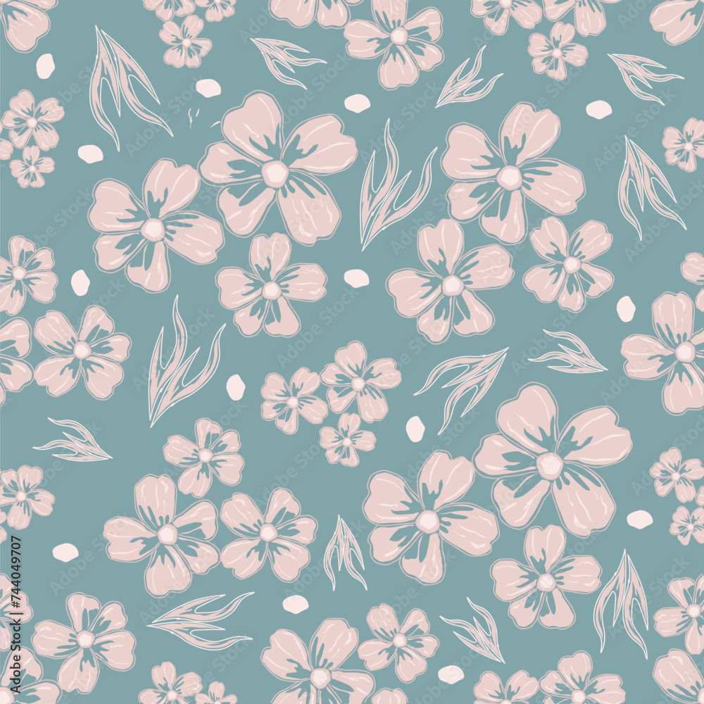 Garden flower, plants ,botanical ,seamless pattern vector design for fashion,fabric,wallpaper and all prints on green mint background color. Cute pattern in small flower.